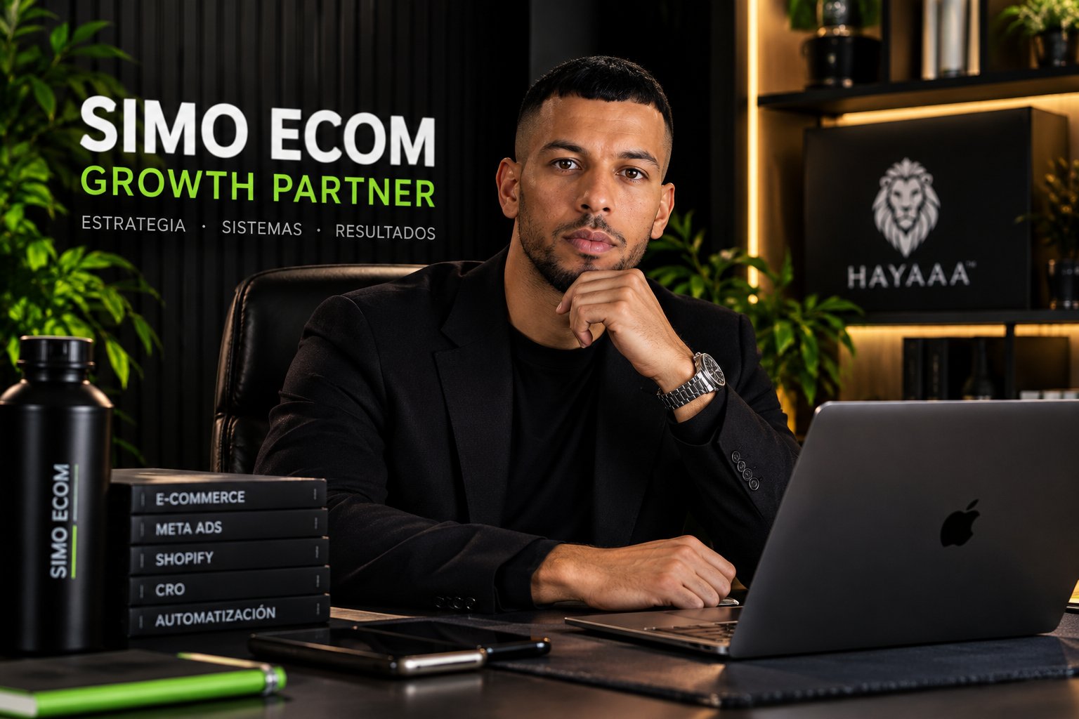 Mohamed El Hammadi, fundador de SIMO ECOM Growth Partner, sentado en su escritorio con el logotipo de HAYAAA al fondo